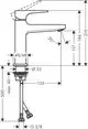 Griff- und Ablaufgarnitur eines Waschtischmischers von Hansgrohe, mit technischen Maßen in einer schematischen Darstellung.